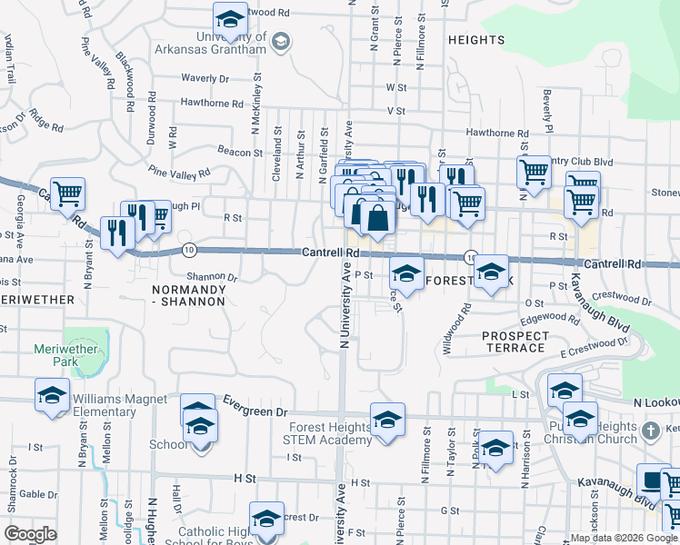 map of restaurants, bars, coffee shops, grocery stores, and more near 1604 North University Avenue in Little Rock