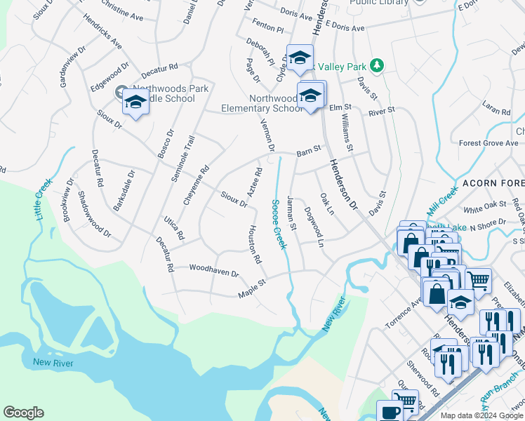 map of restaurants, bars, coffee shops, grocery stores, and more near 500 Sioux Drive in Jacksonville