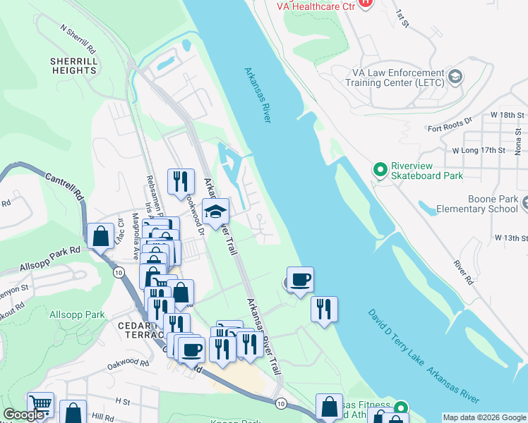 map of restaurants, bars, coffee shops, grocery stores, and more near 6 Rivermist Circle in Little Rock