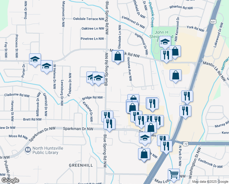 map of restaurants, bars, coffee shops, grocery stores, and more near 3400 Blue Spring Road Northwest in Huntsville