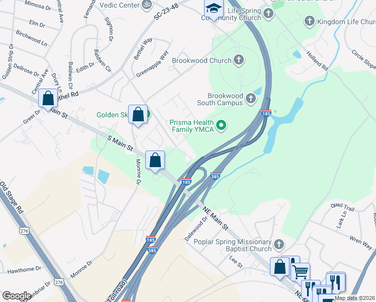 map of restaurants, bars, coffee shops, grocery stores, and more near 231 Apple Blossom Lane in Simpsonville