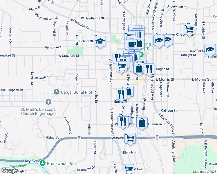 map of restaurants, bars, coffee shops, grocery stores, and more near 504 South Thornton Avenue in Dalton