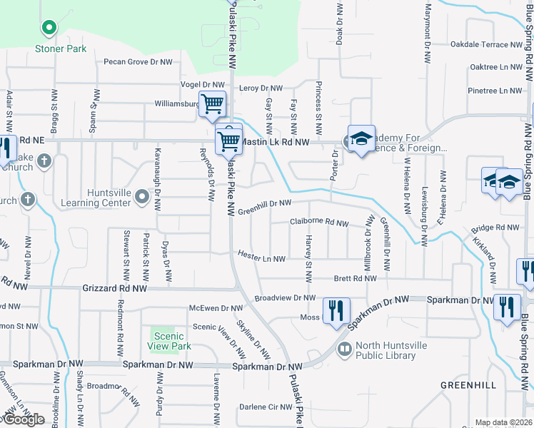 map of restaurants, bars, coffee shops, grocery stores, and more near 3211 Howard Street Northwest in Huntsville