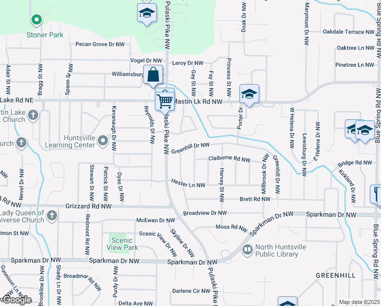 map of restaurants, bars, coffee shops, grocery stores, and more near 3211 Howard Street Northwest in Huntsville