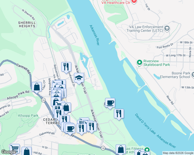 map of restaurants, bars, coffee shops, grocery stores, and more near 6 Rivermist Circle in Little Rock