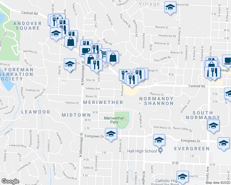 map of restaurants, bars, coffee shops, grocery stores, and more near 1616 North Bryant Street in Little Rock