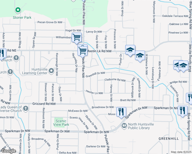 map of restaurants, bars, coffee shops, grocery stores, and more near 3211 Howard Street Northwest in Huntsville