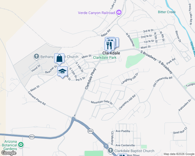 map of restaurants, bars, coffee shops, grocery stores, and more near 786 Flat Iron Road in Clarkdale