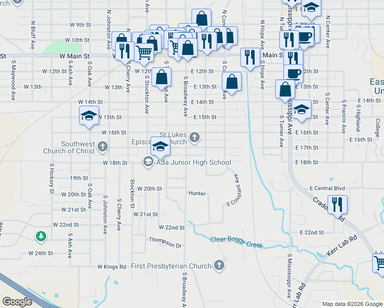 map of restaurants, bars, coffee shops, grocery stores, and more near 109 East 17th Street in Ada