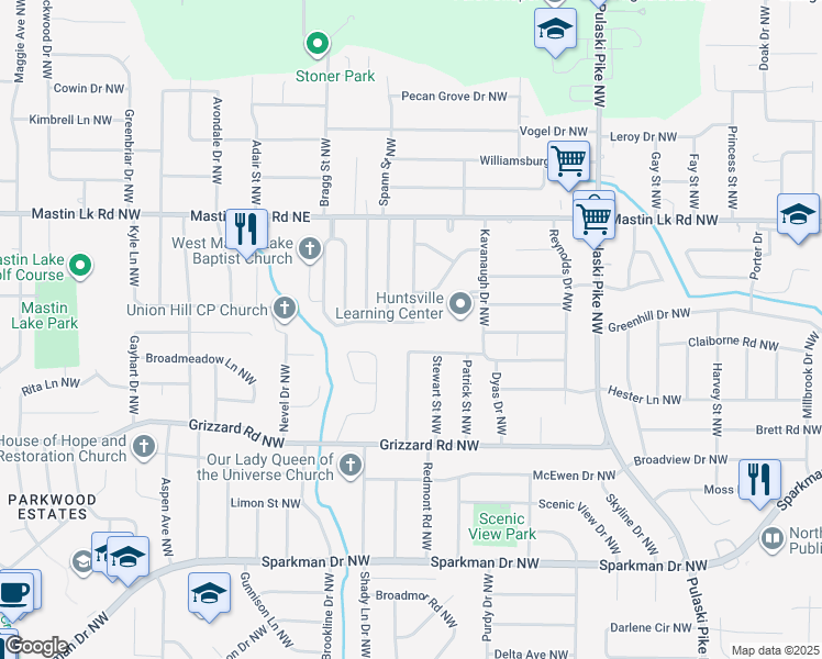 map of restaurants, bars, coffee shops, grocery stores, and more near 3204 Tucker Drive Northwest in Huntsville