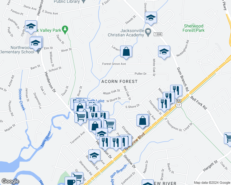 map of restaurants, bars, coffee shops, grocery stores, and more near 28 White Oak Street in Jacksonville