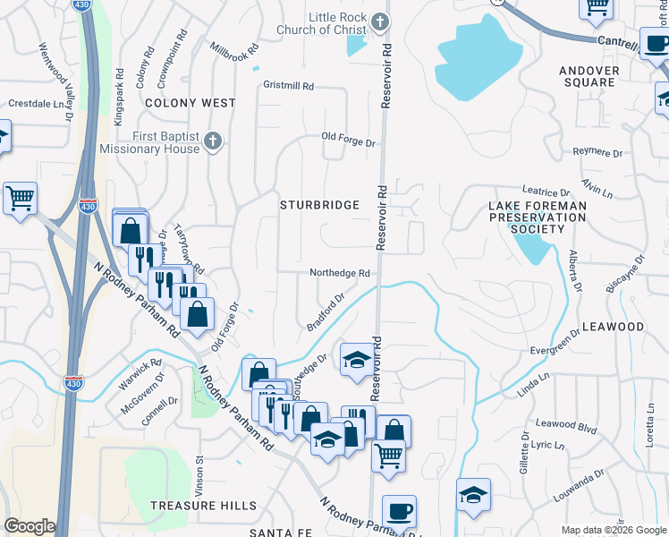 map of restaurants, bars, coffee shops, grocery stores, and more near 1812 Reservoir Road in Little Rock