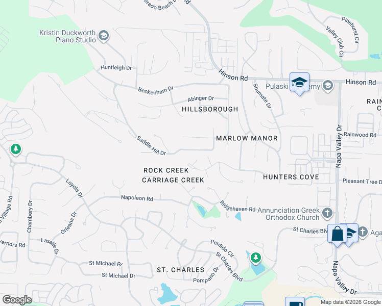 map of restaurants, bars, coffee shops, grocery stores, and more near 1501 Hillsborough Lane in Little Rock