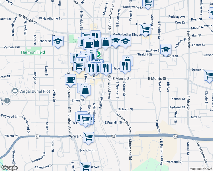 map of restaurants, bars, coffee shops, grocery stores, and more near 120 East Morris Street in Dalton