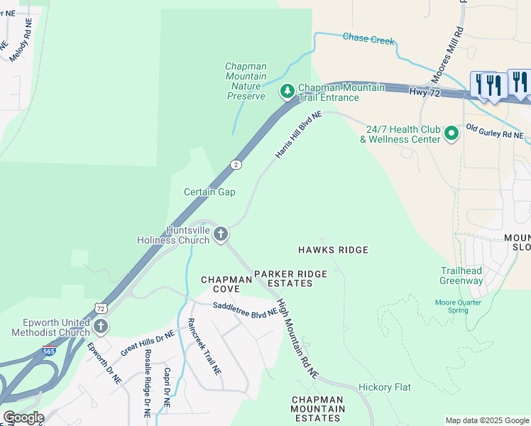 map of restaurants, bars, coffee shops, grocery stores, and more near 4130 High Mountain Road Northeast in Huntsville