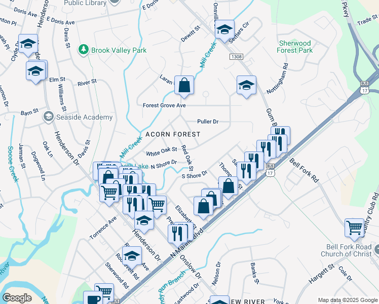 map of restaurants, bars, coffee shops, grocery stores, and more near 201 Red Oak Street in Jacksonville
