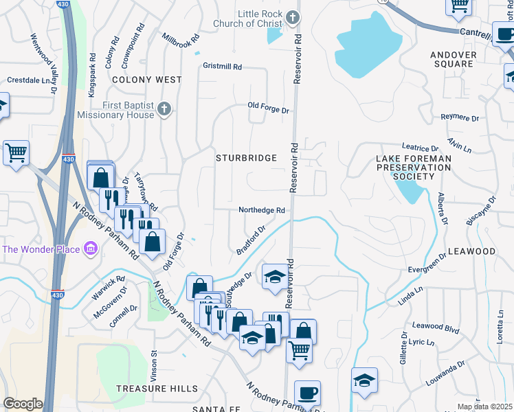 map of restaurants, bars, coffee shops, grocery stores, and more near 1812 Reservoir Road in Little Rock