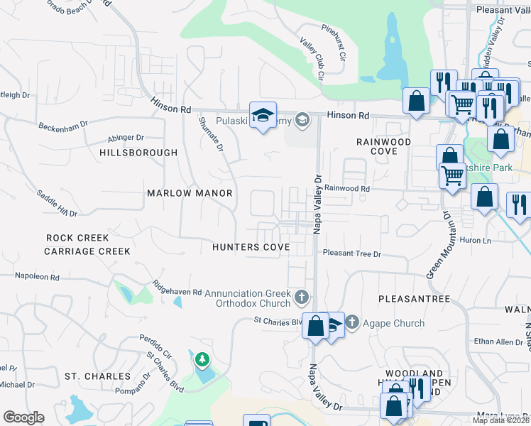 map of restaurants, bars, coffee shops, grocery stores, and more near 84 Hunters Green Circle in Little Rock