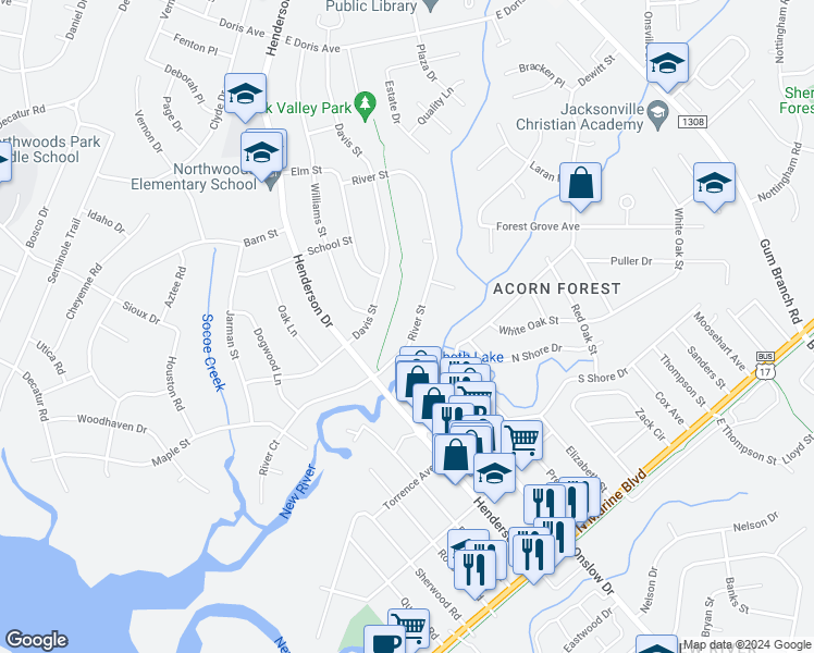 map of restaurants, bars, coffee shops, grocery stores, and more near 1007 River Street in Jacksonville