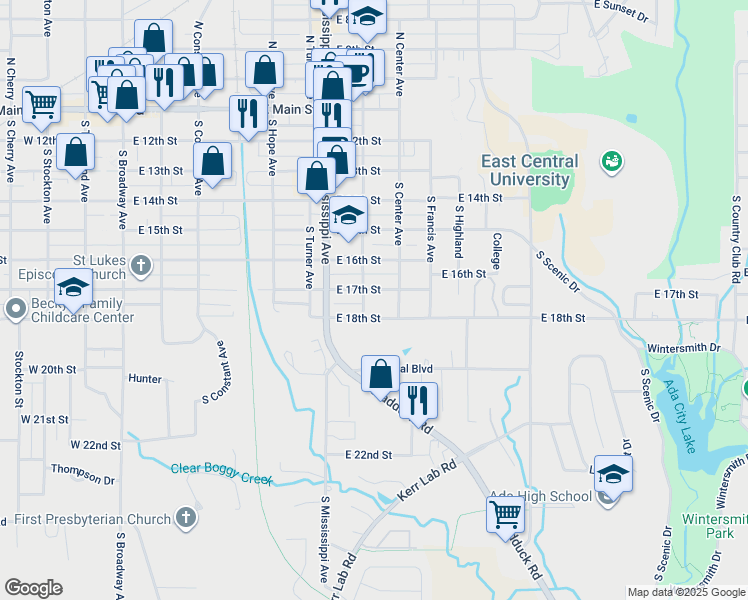 map of restaurants, bars, coffee shops, grocery stores, and more near 809 East 17th Street in Ada