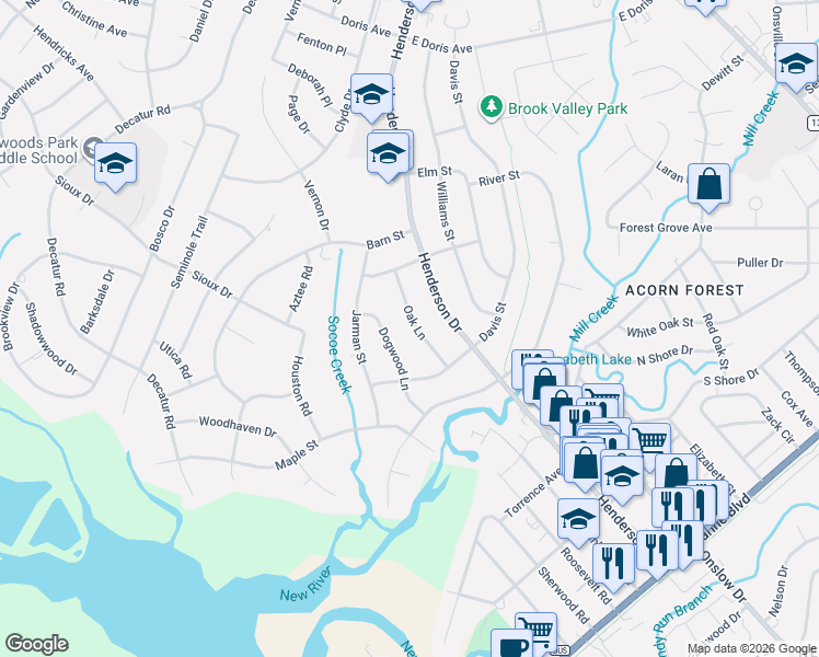map of restaurants, bars, coffee shops, grocery stores, and more near 523 Oak Lane in Jacksonville