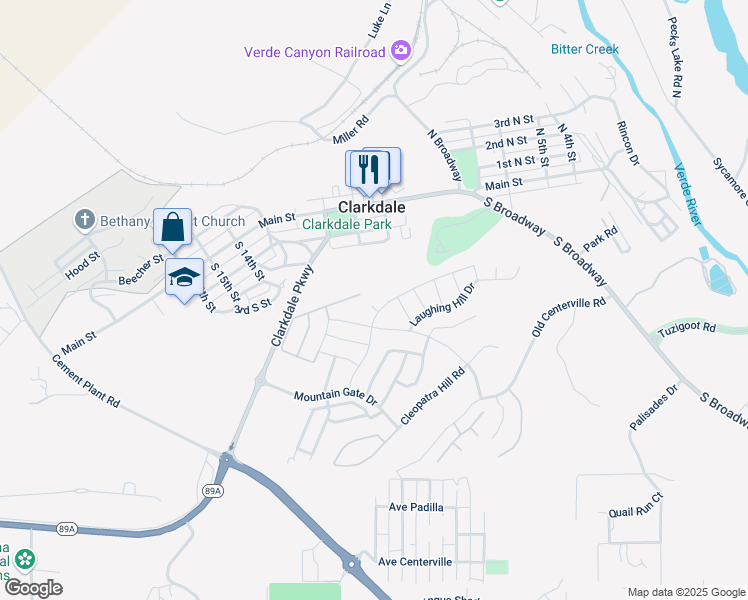 map of restaurants, bars, coffee shops, grocery stores, and more near 300 Whistle Stop Road in Clarkdale