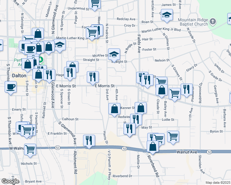 map of restaurants, bars, coffee shops, grocery stores, and more near 814 East Morris Street in Dalton