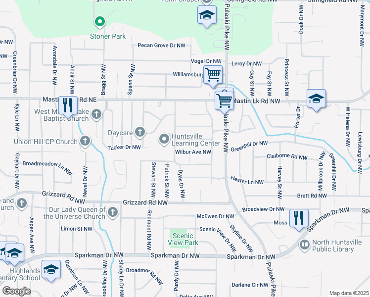 map of restaurants, bars, coffee shops, grocery stores, and more near 3617 Katherine Avenue Northwest in Huntsville