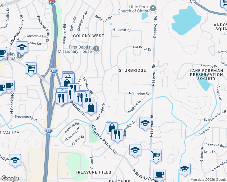 map of restaurants, bars, coffee shops, grocery stores, and more near 23 Buttermilk Road in Little Rock