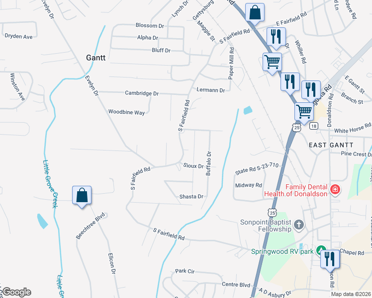 map of restaurants, bars, coffee shops, grocery stores, and more near 1008 Cherokee Drive in Greenville
