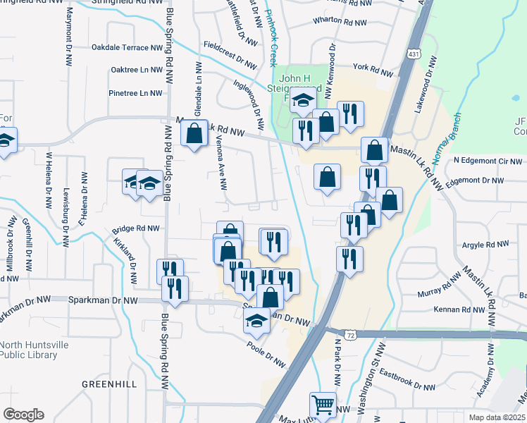 map of restaurants, bars, coffee shops, grocery stores, and more near 3400 Venona Avenue Northwest in Huntsville