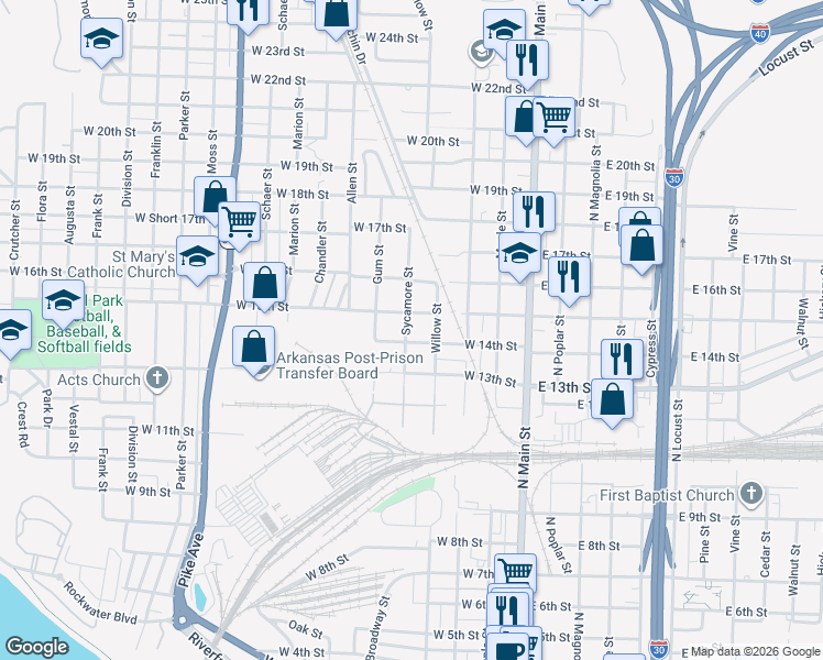 map of restaurants, bars, coffee shops, grocery stores, and more near 1406 Sycamore Street in North Little Rock