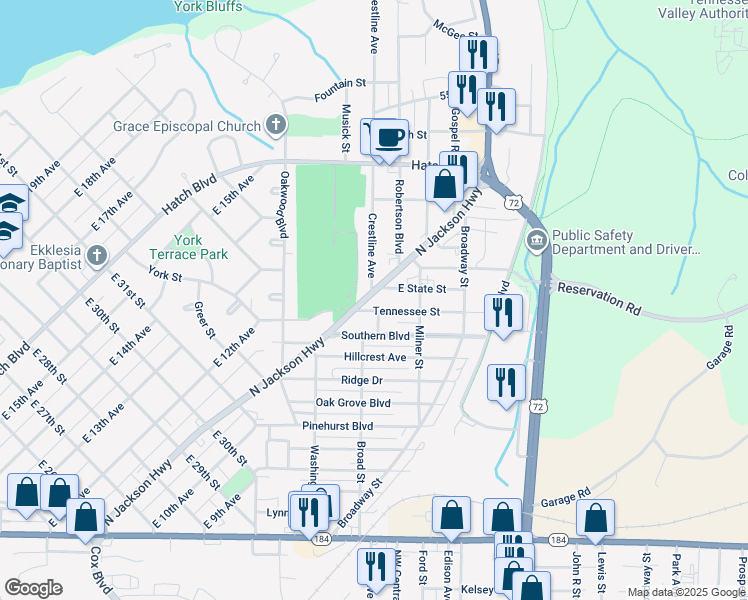 map of restaurants, bars, coffee shops, grocery stores, and more near 3614 North Jackson Highway in Sheffield