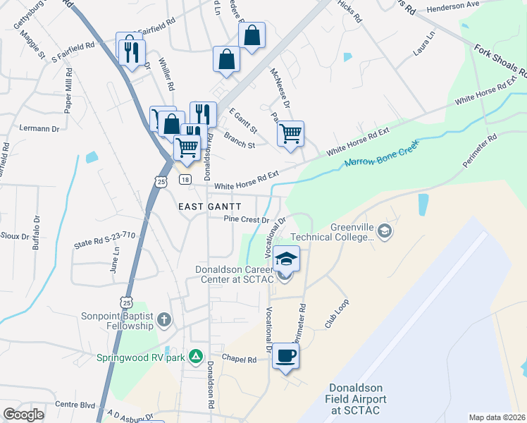 map of restaurants, bars, coffee shops, grocery stores, and more near 200 Springbrook Drive in Greenville