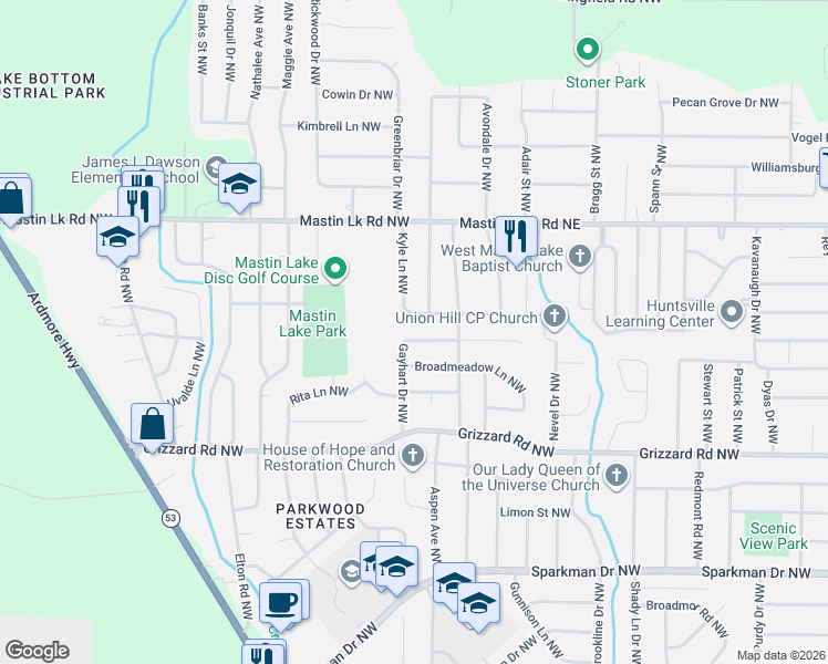 map of restaurants, bars, coffee shops, grocery stores, and more near 3401 Rosedale Drive Northwest in Huntsville