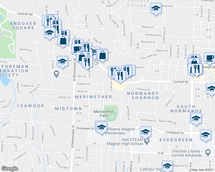 map of restaurants, bars, coffee shops, grocery stores, and more near 1906 North Bryant Street in Little Rock