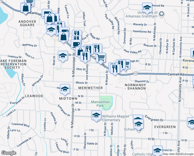 map of restaurants, bars, coffee shops, grocery stores, and more near 7302 Indiana Avenue in Little Rock