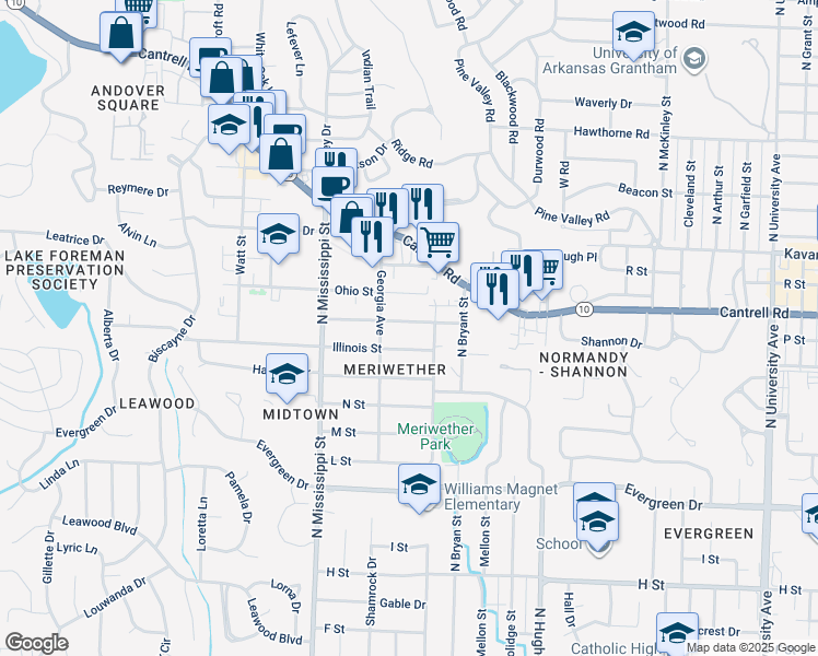 map of restaurants, bars, coffee shops, grocery stores, and more near 7302 Indiana Avenue in Little Rock