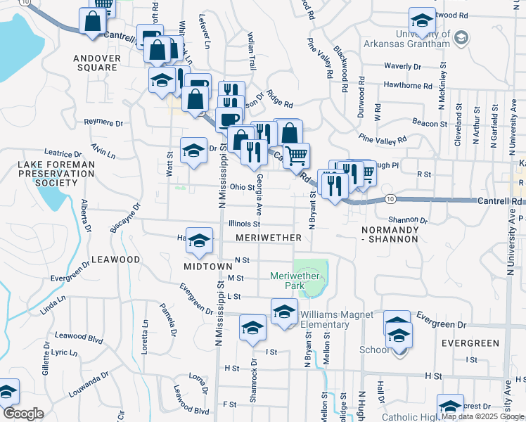 map of restaurants, bars, coffee shops, grocery stores, and more near 7414 Indiana Avenue in Little Rock
