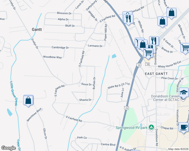 map of restaurants, bars, coffee shops, grocery stores, and more near 9 Buffalo Drive in Greenville