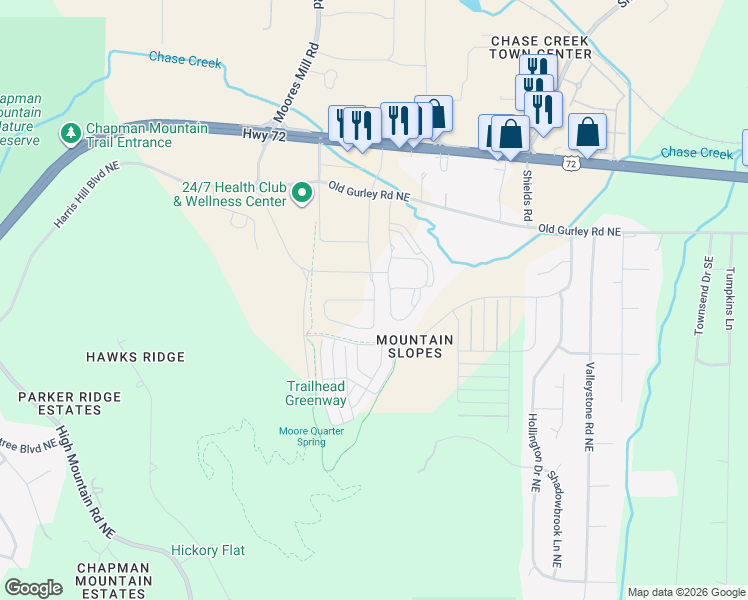 map of restaurants, bars, coffee shops, grocery stores, and more near Barkwood Drive in Huntsville