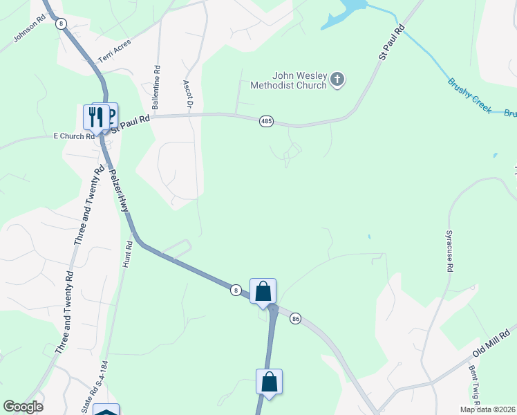 map of restaurants, bars, coffee shops, grocery stores, and more near 238 Saint Paul Road in Easley