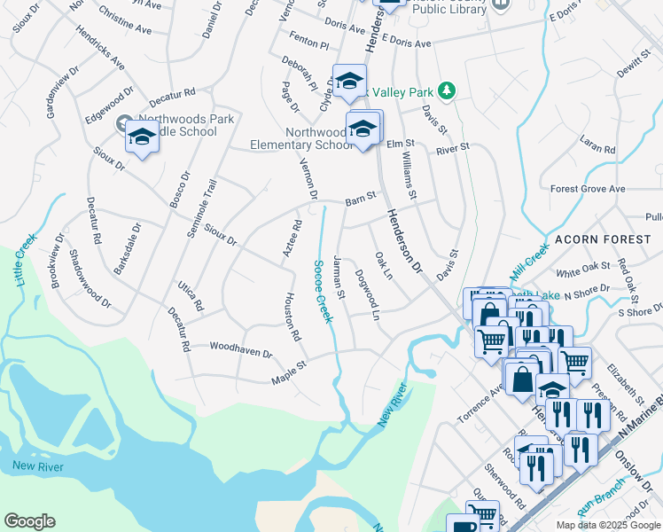 map of restaurants, bars, coffee shops, grocery stores, and more near 519 Jarman Street in Jacksonville