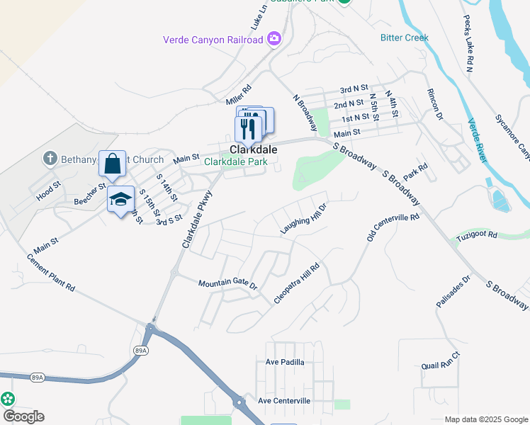 map of restaurants, bars, coffee shops, grocery stores, and more near 300 Whistle Stop Road in Clarkdale