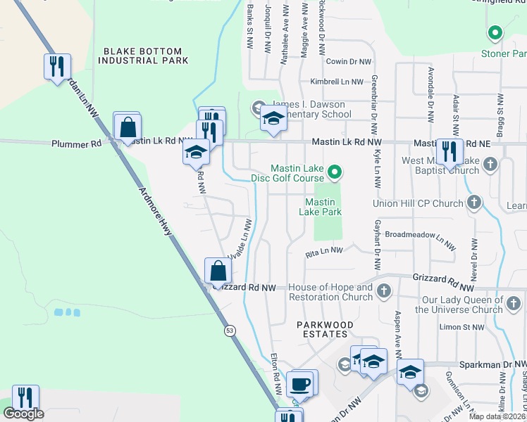 map of restaurants, bars, coffee shops, grocery stores, and more near 3221 Delia Lane Northwest in Huntsville