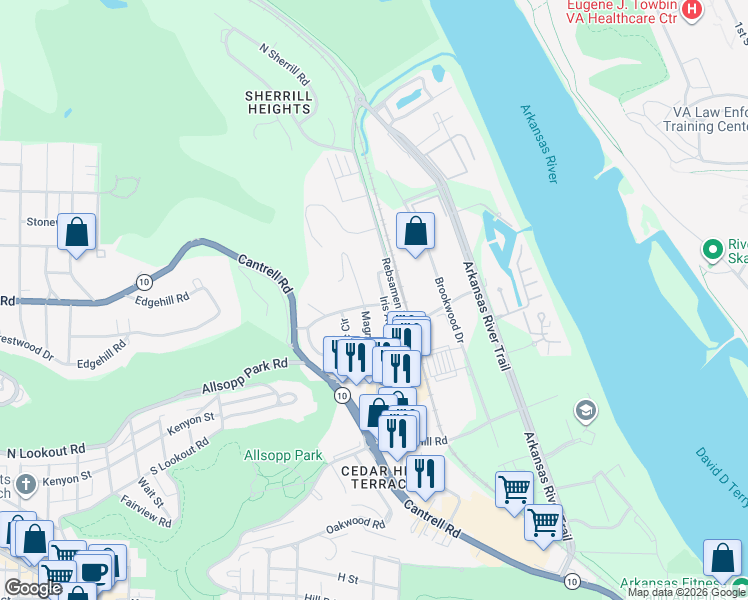 map of restaurants, bars, coffee shops, grocery stores, and more near 1807 Iris Street in Little Rock