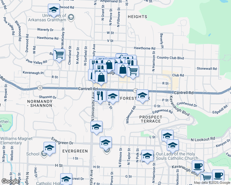 map of restaurants, bars, coffee shops, grocery stores, and more near 1801 North Fillmore Street in Little Rock