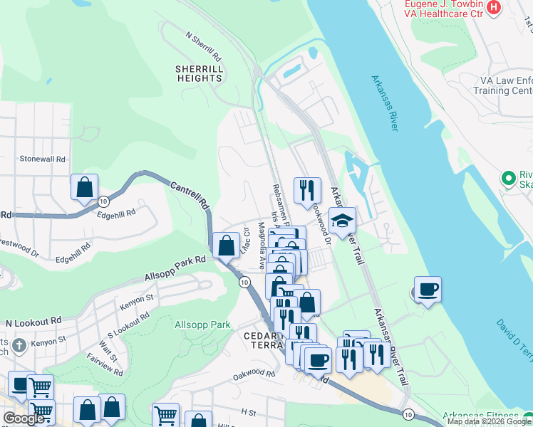 map of restaurants, bars, coffee shops, grocery stores, and more near 1807 Iris Street in Little Rock