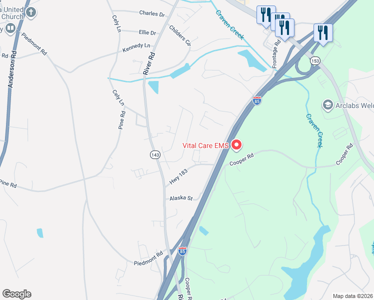 map of restaurants, bars, coffee shops, grocery stores, and more near 409 Highway 183 in Piedmont