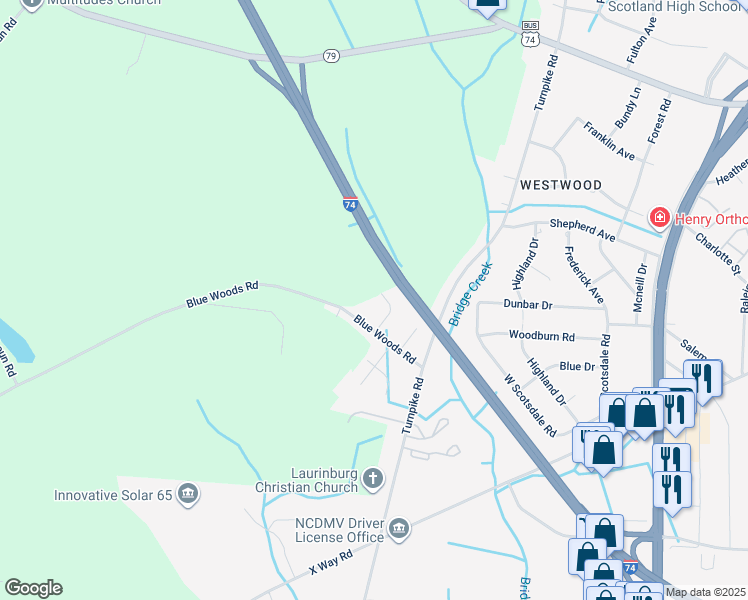 map of restaurants, bars, coffee shops, grocery stores, and more near 14341 Buckingham Street in Laurinburg